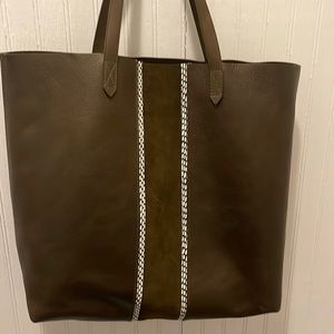 Madewell Brown Leather Tote with Olive Suede Center Stripe